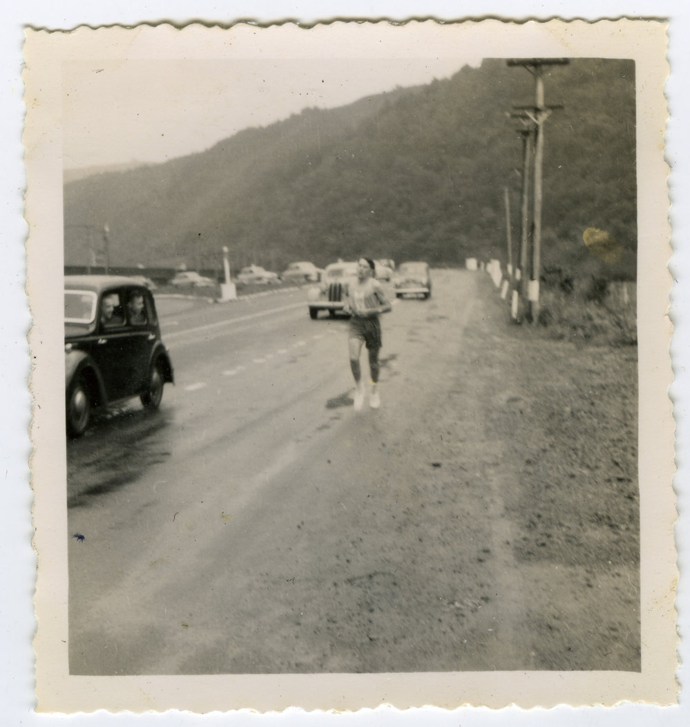 "Team Manager applies the whip," Masterton Relay 1955, Presbyterian Harrier Club - Wellington