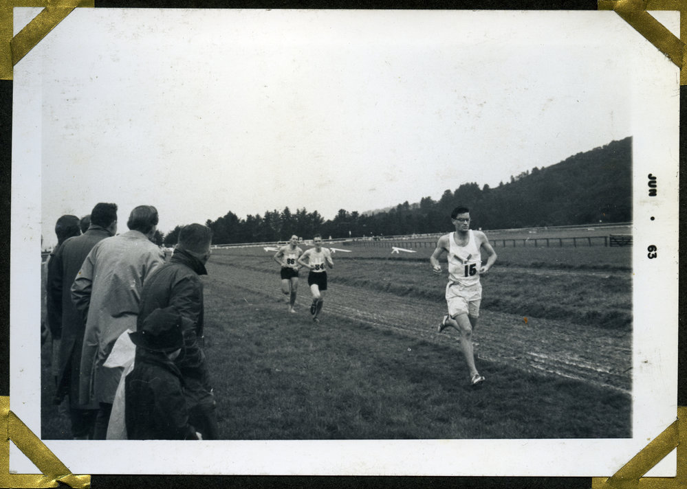 "Ron Lucock (Christchurch) leads Lyn Jones (17) and Norm Gosling (21 and a bit) through Trentham Race-Course the first time," St. Andrew's Trophy Race, Hutt Valley, 1963, Presbyterian Harrier Club - Wellington