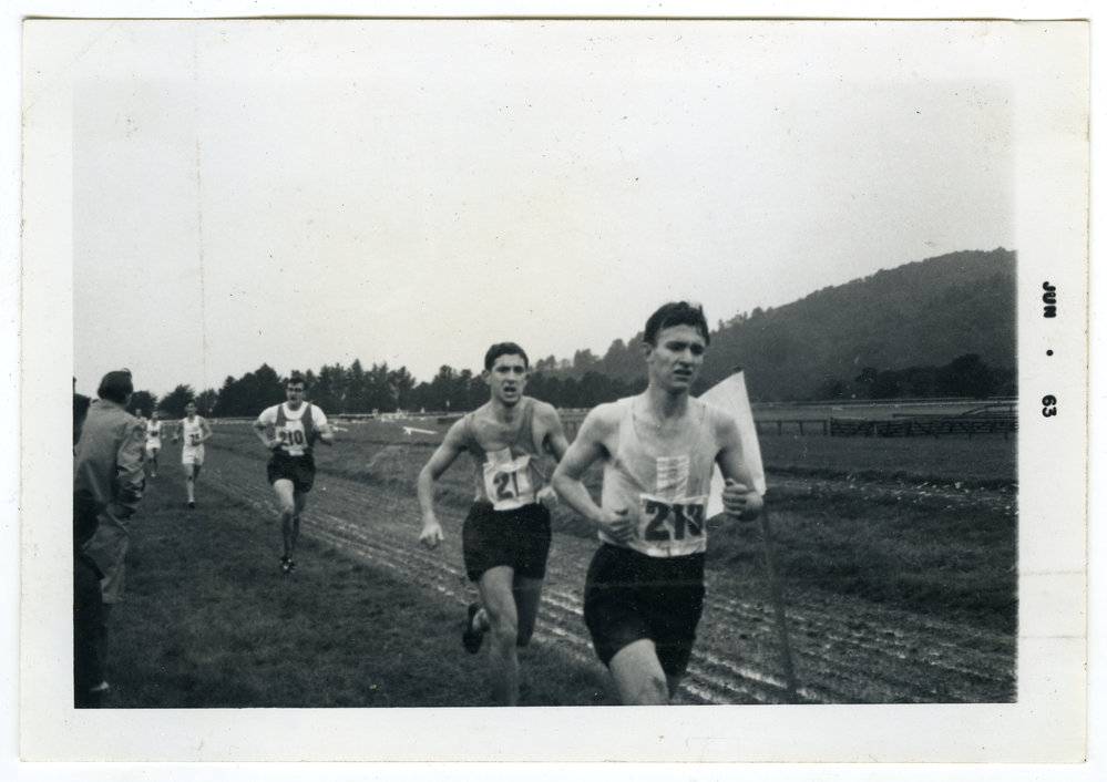 "Roger Morrell leads Capt. Malc Shaw and Deputy Cap. Graeme Kaywood with three sodden miles to go," St. Andrew's Trophy Race, 1963, Presbyterian Harrier Club - Wellington