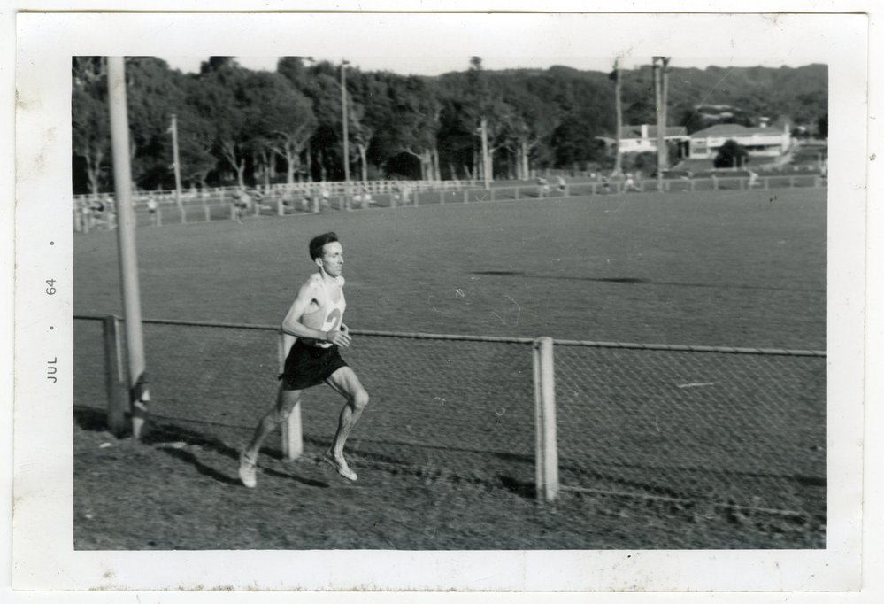 "Robin Gilchrist displays a nice stride round Trentham Memorial Park. (You must feel good with all those runners behind you)." Dorne Cup, Trentham 1964, Presbyterian Harrier Club - Wellington