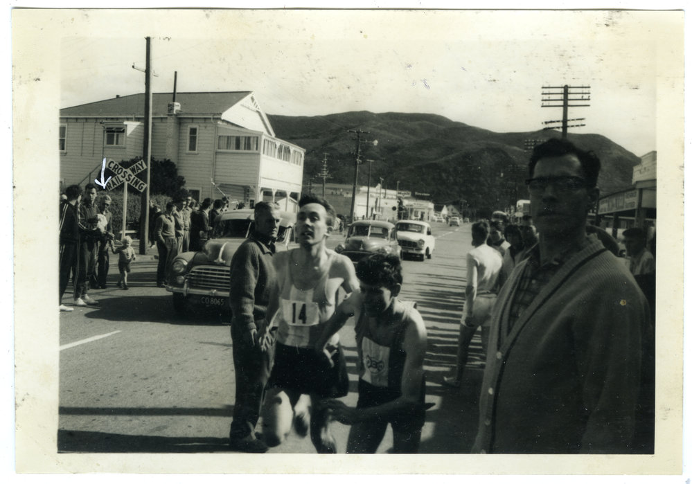 "Robin Gilchrist hands over to Ian Brown at Featherstone," Masterton Relay, 1964, Presbyterian Harrier Club - Wellington