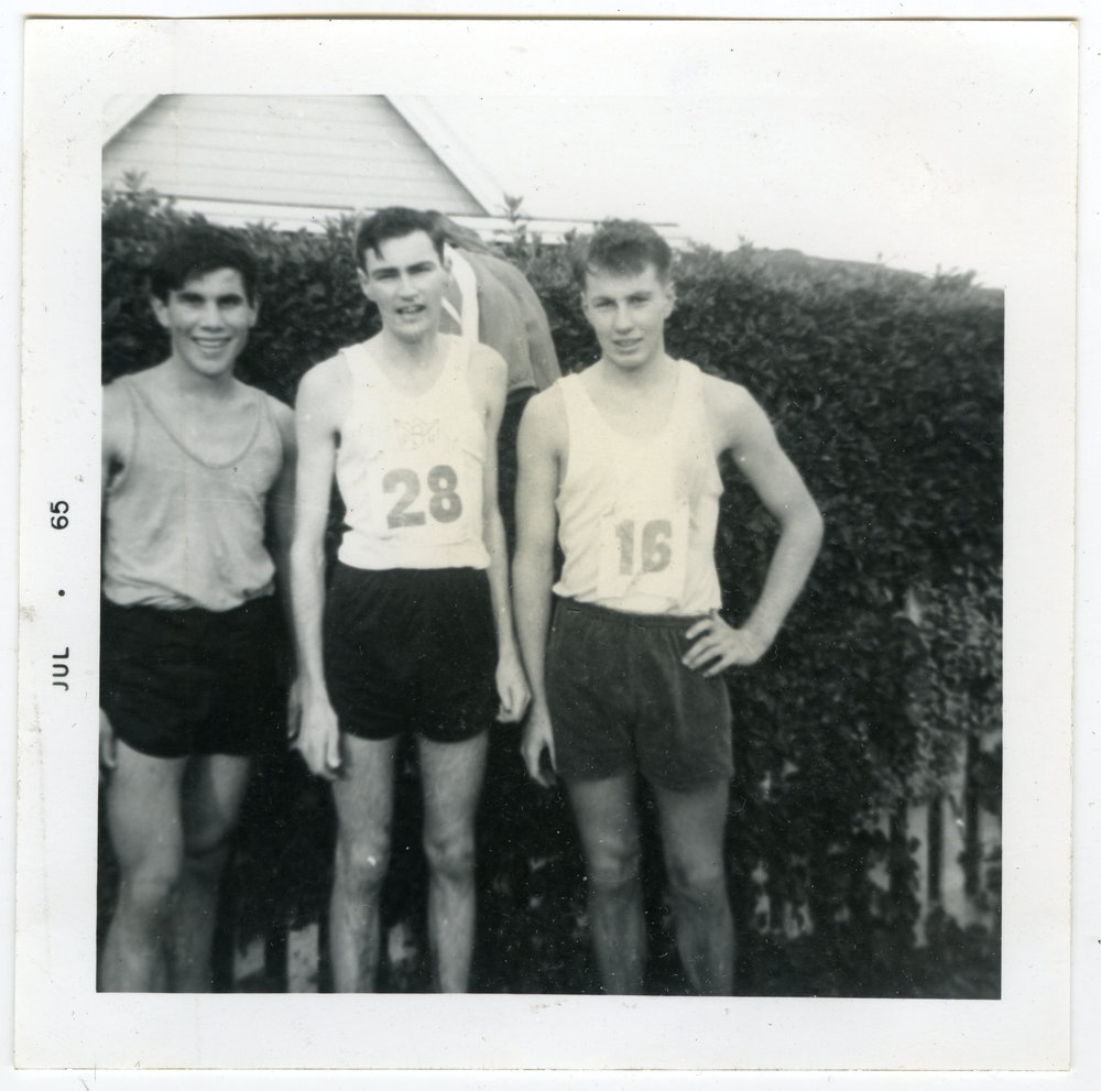 "Junior club champion, John Boswell, flanked by John Shorland (3rd) and Bob Sellars (2nd), Presbyterian Harrier Club - Wellington