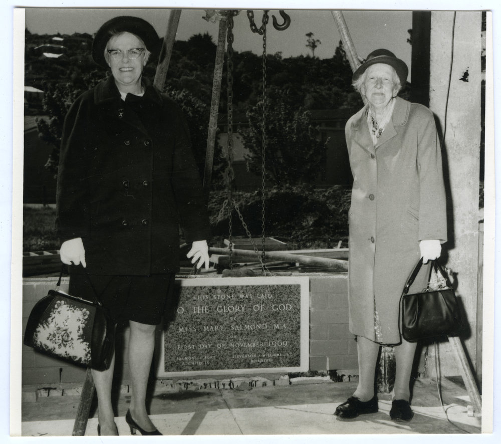 Sister Helen Hercus and Miss Mary Salmond stand by the foundation stone for Salmond Hall, November 1969