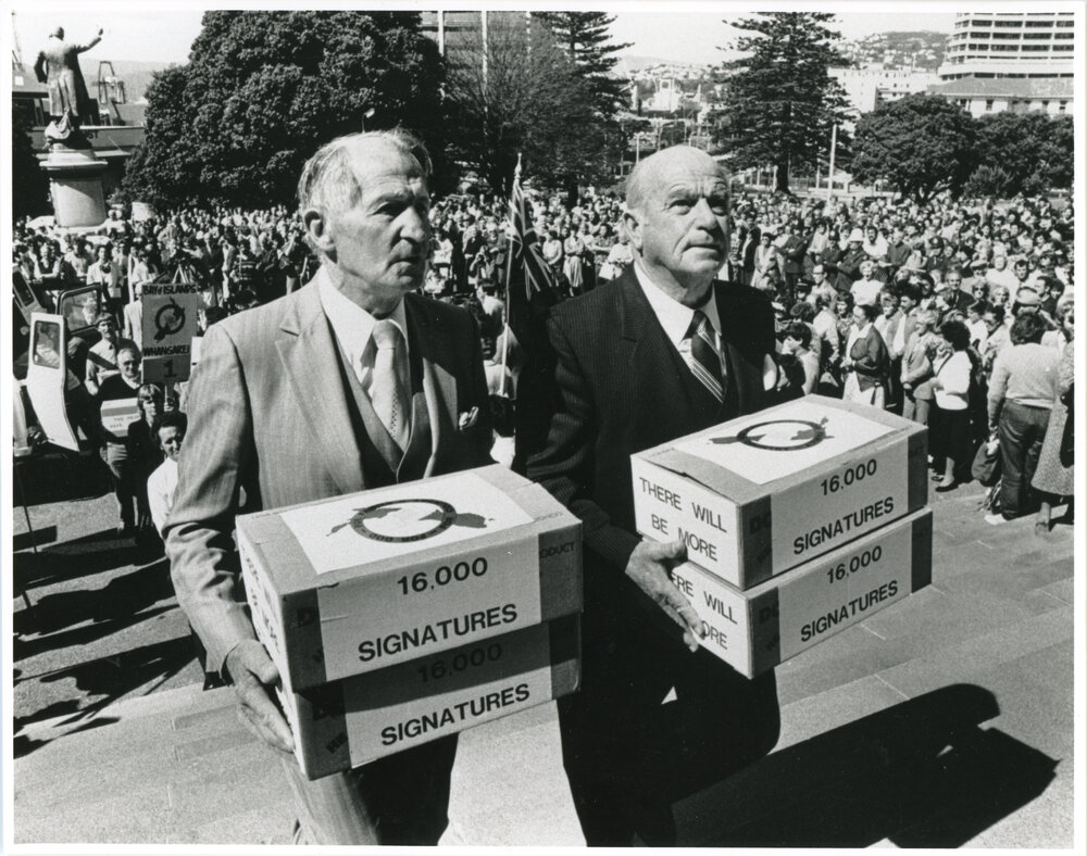 Sir Peter Tait and Keith Hay presenting petition against homosexual law reform