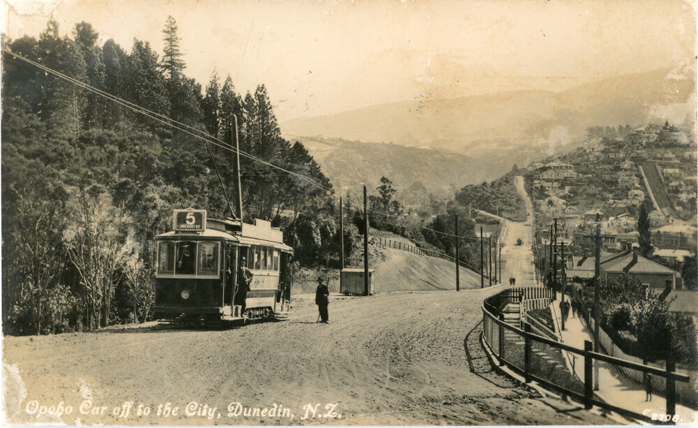 "Opoho Car Off to the City, Dunedin, N.Z."