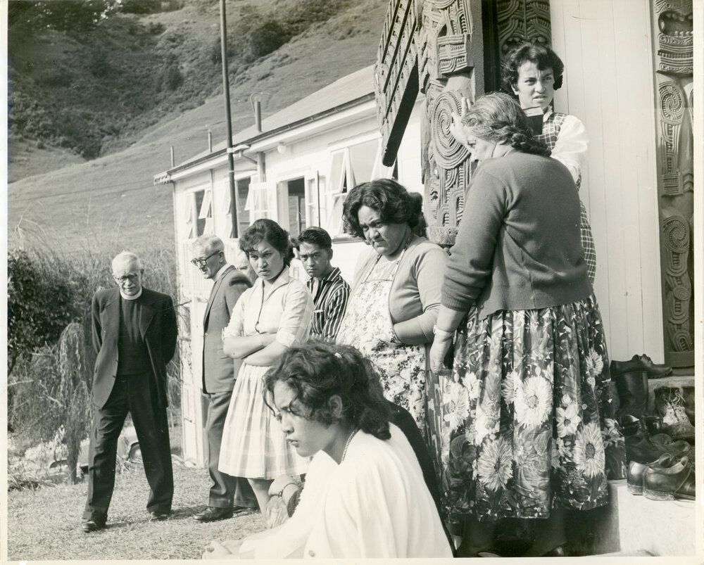 Rev. Laughton with a Group of Māori at Ohope