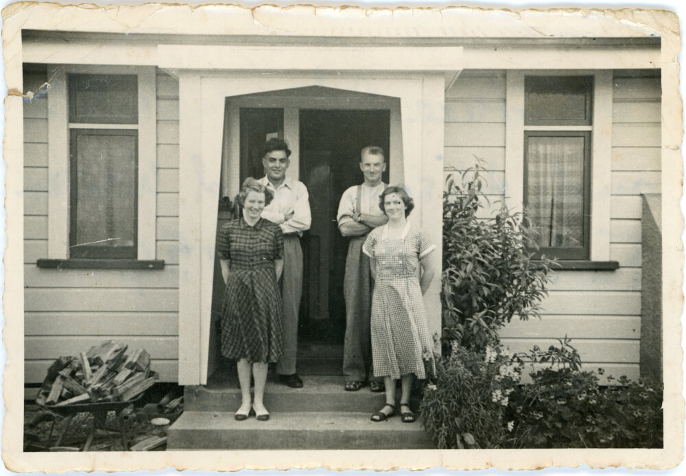 Four on the Front Steps of David Hogg Memorial Hostel, Whakatane 