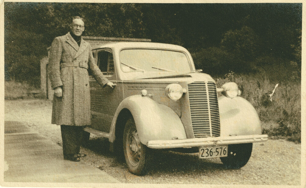 Rev. Arch Kirkwood with Car Outside Roxburgh Manse