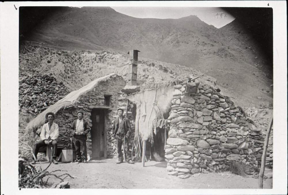 G.H. McNeur With Two Otago Miners At Arrow Falls Outside Their Dwelling