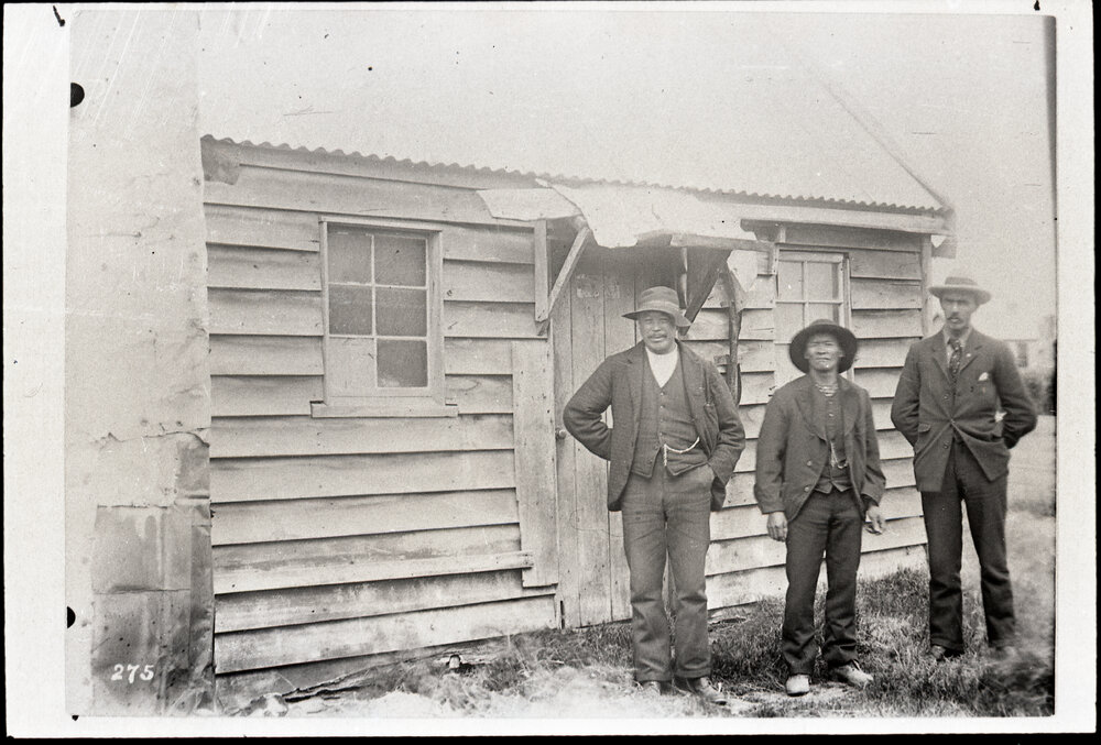 Two Chinese Miners and Rev McNeur Outside Home