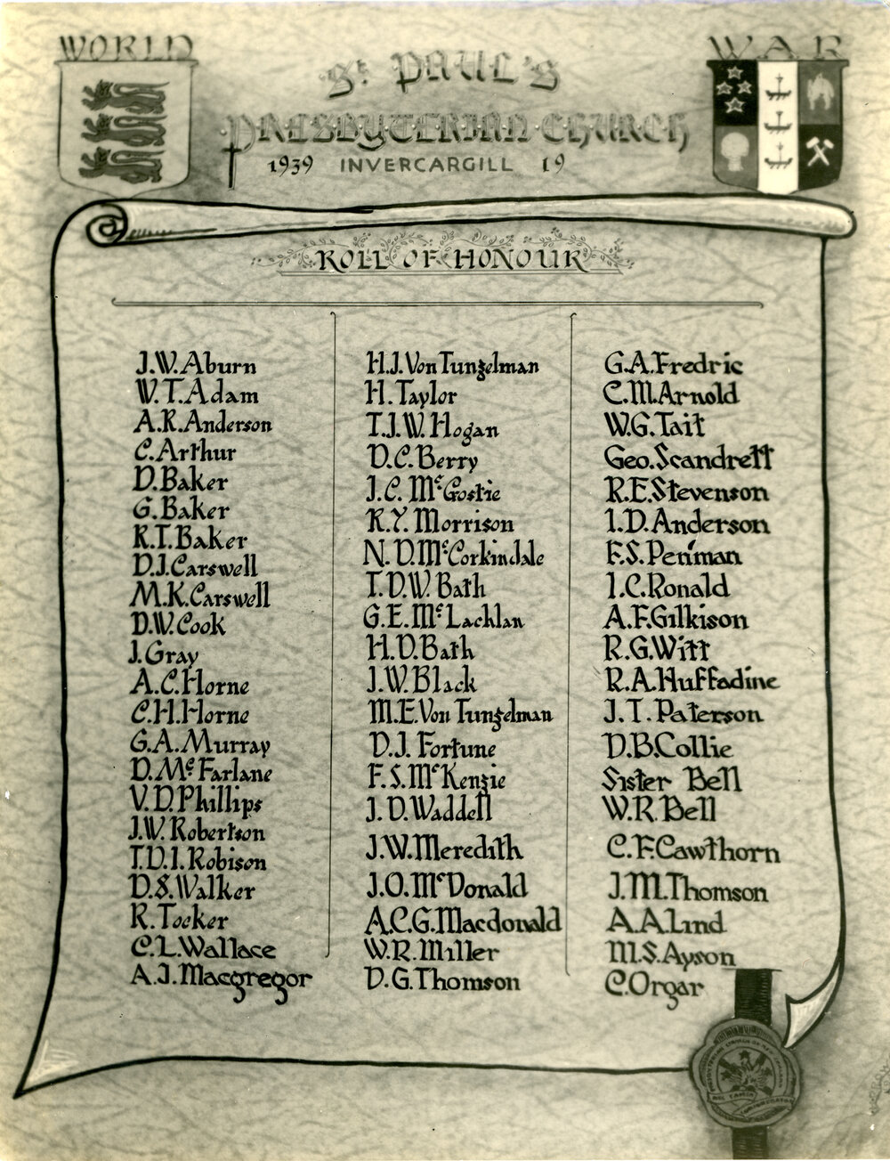 St Pauls Roll Of Honor, 1939