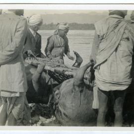 Tying the string bed on the horse floats