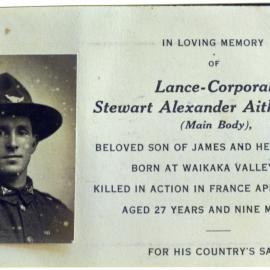 In memorial of Lance-Corporal Stewart Alexander Aitken, 1918