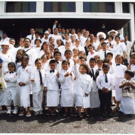 Group portrait of Glen Eden Pacific Islanders Church congregation, White Sunday service, 2002