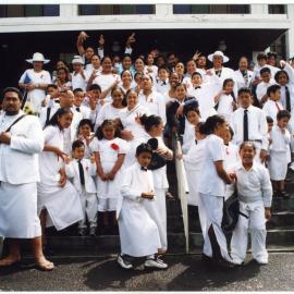Group portrait of Glen Eden Pacific Islanders Church congregation, White Sunday service, 2002
