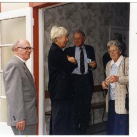 Bob Cooke, Anne Delaney, Rob McMecking, Alison Roberson talking at the door of St. Columba, Christchurch