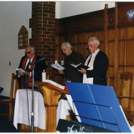 Tom Campbell, Jan McBride, Len Pierce addressing St. Columba, Christchurch