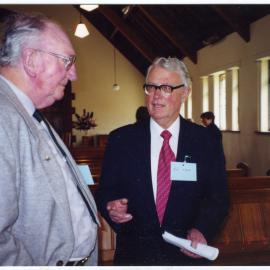 Ian Ferguson and Ian Lloyd converse with each other, St. Columba, Christchurch 
