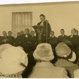 A. Baxter delivers a speech at the opening of Burwood United Church, Christchurch