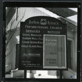 Notice board, John Knox, Rangiora, 1972
