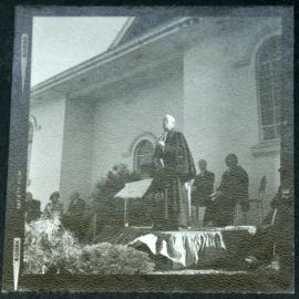 Unidentified man delivering a speech, John Knox, Rangiora, 1972