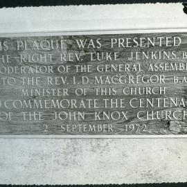 Plaque donated to John Knox Church, Rangiora, by Right Reverend Luke Jenkins, for centenary anniversary 