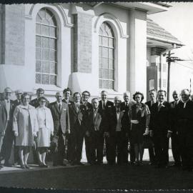Office-bearers and parishioners standing outside John Knox Church, Rangiora, 1972 