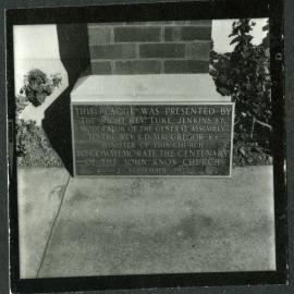 Plaque dedicated to the centenary of John Knox Church, Rangiora, 1972