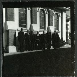 Office-bearers standing outside John Knox Church, Rangiora, 1972