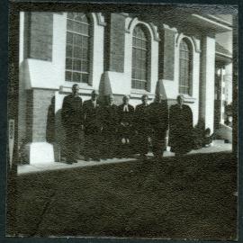 Office-bearers standing outside John Knox Church, Rangiora, 1972