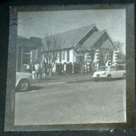 John Knox Church, Rangiora, with parishioners outside, 1972