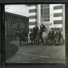 Unidentified women and two unidentified man, celebrating their centenary John Knox Church, Rangiora, 1972