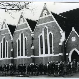Parishioners standing outside Knox Church, Christchurch