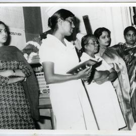 An unidentified Indian women speaks, while other Indian women look on, Christian Medical College and Hospital, Ludhiana