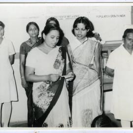 Two unidentified Indian women speak or sing, Christian Medical College and Hospital, Ludhiana
