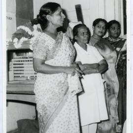 Unidentified Indian woman gives a speech at Beryl Howie's farewell, Christian Medical College and Hospital, Ludhiana