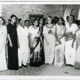 Beryl Howie stands among unidentified Indian women and men during her farewell, Christian Medical College and Hospital, Ludhiana
