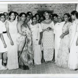 Beryl Howie standing among unidentified Indian women, Christian Medical College and Hospital, Ludhiana