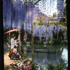 "Wisteria garden and two girls by the pond, Maebashi, Nakasendo"