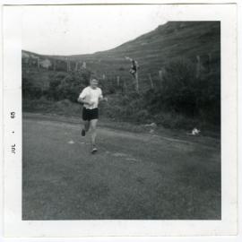 "Graham Kaywood with Captain Albert Pledger (foreground); How NOT to get over a fence," Club Championships, Presbyterian Harrier Club - Wellington
