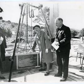 Miss Mary Salmond and Doctor J. D. Salmond lay the foundation stone of the residential hall named after them while Dr. H J Ryburn looks on, 1969