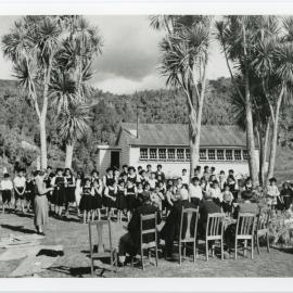Miss Margaret Crawford take a service at Matahi school