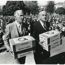 Sir Peter Tait and Keith Hay presenting petition against homosexual law reform