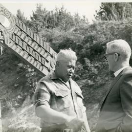 Rev. Wiremu and Rev. Irwin chat at Te Maungarongo Wharenui at Ohope
