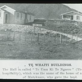 Te Whaiti buildings	Copy of view of the Te Whaiti Church hall (Te Umu Ki Te Ngaere) and Mission hall.Duplicates: P-A36.33-152Publication: 'On Continent & Island', April 1933, p. 2.	Magic Lantern Slide	82mm x 82mm		c 1933	Te Aka Puaho	Buildings - Exterior	