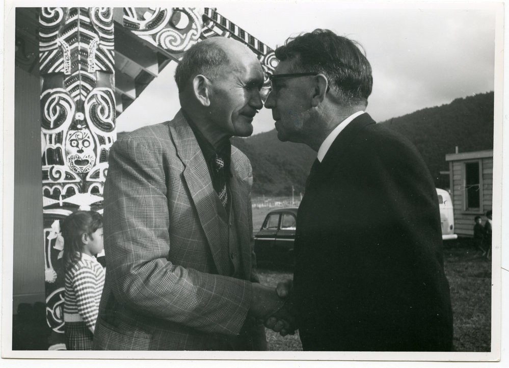 Athol Kirk (right) engaged in hongi with Dave Turuwhenua, c 1965.
P-A93.37-122