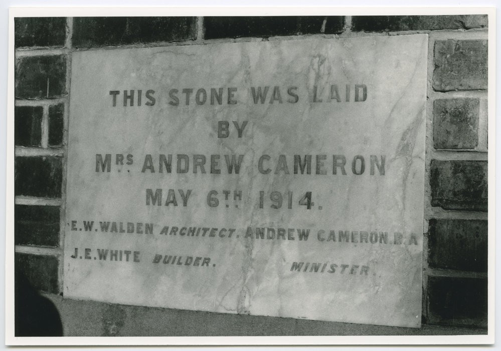 Andersons Bay Presbyterian Church, Dunedin, foundation stone, laid by Mrs Andrew Cameron, 6th May 1914.
P-A85.37-105