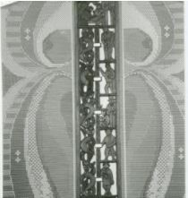 An ornate Maori carving from Northland with tukutuku panelling in the background.
P-A363.2-3An ornate Maori carving from Northland with tukutuku panelling in the background.
P-A363.2-3