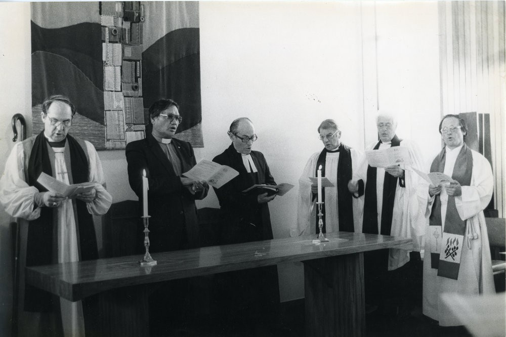 Officiating clergy at the opening and dedication service of the new Piopio Church. Left to right: The Right Rev. B. Davis (Bishop of Waikato), Rev W. Te Whare (Methodist), and the Right Rev. Alister Rae (Moderator).
P-A70.36-85Officiating clergy at the opening and dedication service of the new Piopio Church. Left to right: The Right Rev. B. Davis (Bishop of Waikato), Rev W. Te Whare (Methodist), and the Right Rev. Alister Rae (Moderator).
P-A70.36-85
