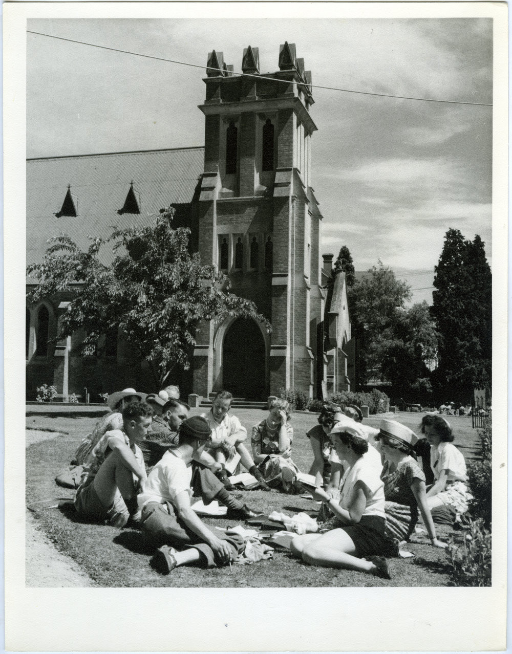 Bible Class on the lawn outside St Andrew's Presbyterian Church, Ashburton, at Summer Conference, circa 1958. 
P-A35.39-85